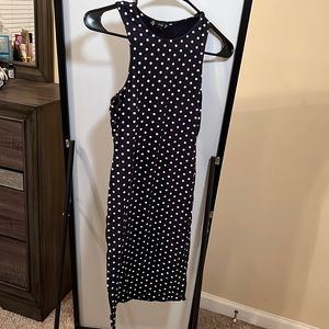 Iris navy blue and white polka dot body con dress Small